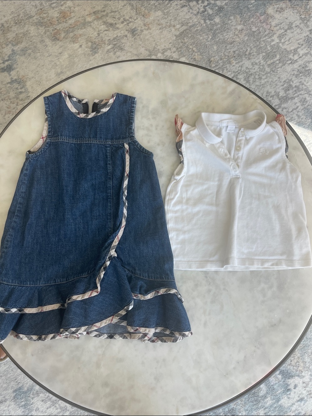 Burberry Blue Denim Ruffle Dress with White Polo Tee - Girls